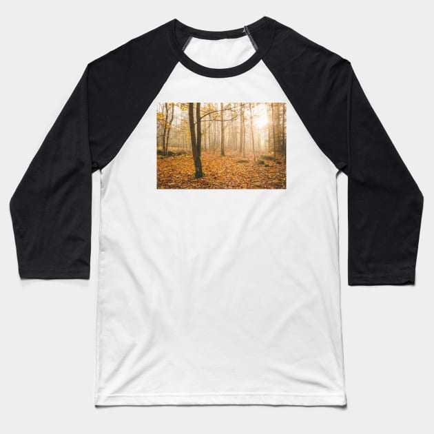 Foggy morning autumn forest Baseball T-Shirt by Juhku